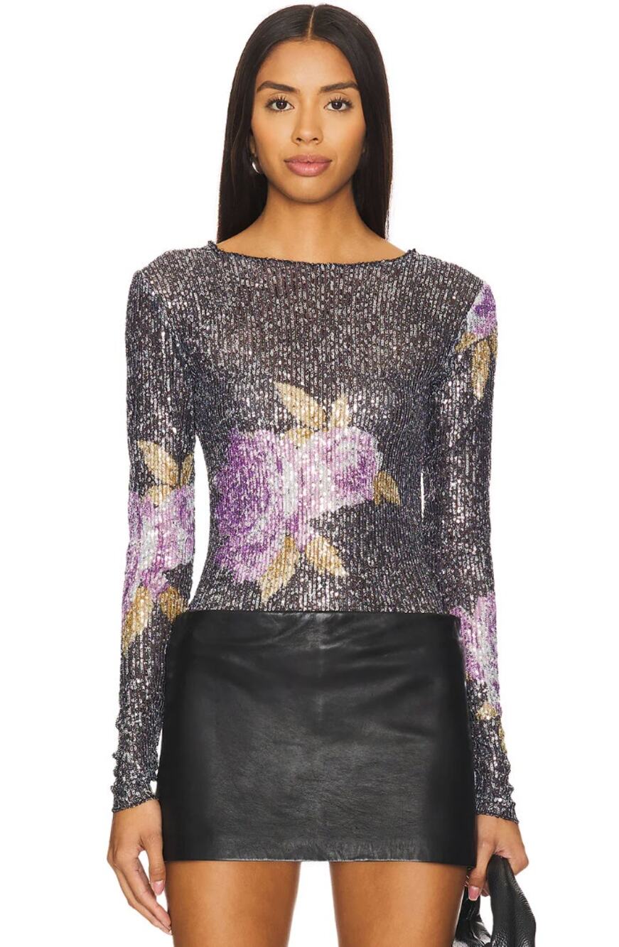 Free People Printed Gold Rush Sequin Top Floral Long Sleeve Amethyst Combo S NWT